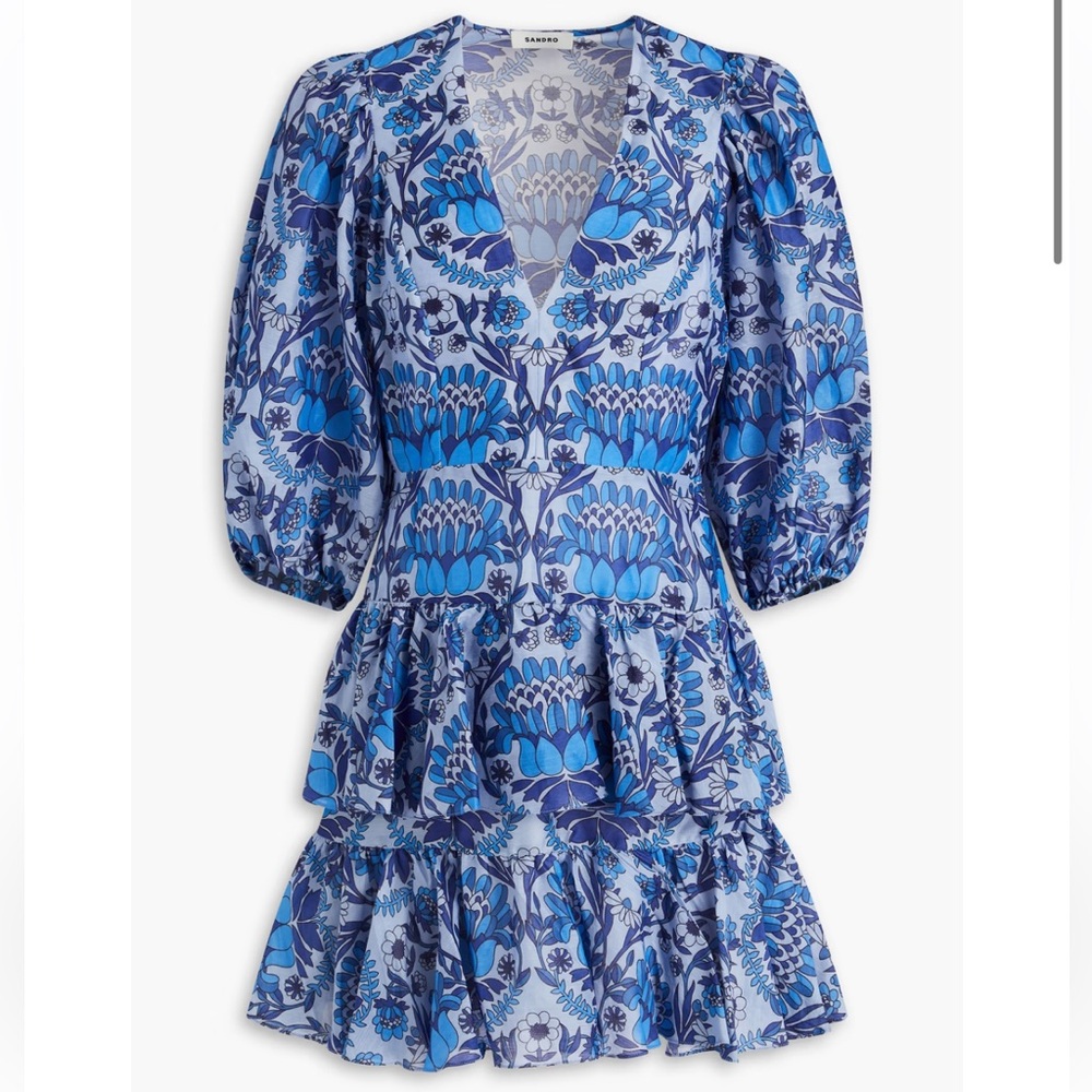 NWT SANDRO Tiered printed linen-blend gauze mini dress